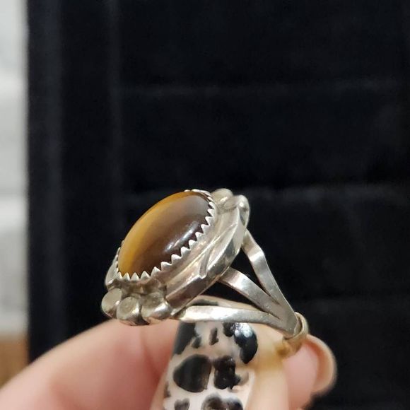 VINTAGE Sterling Silver Tigers Eye Ring Size 8 Gemstone Cabochon - Picture 4 of 7
